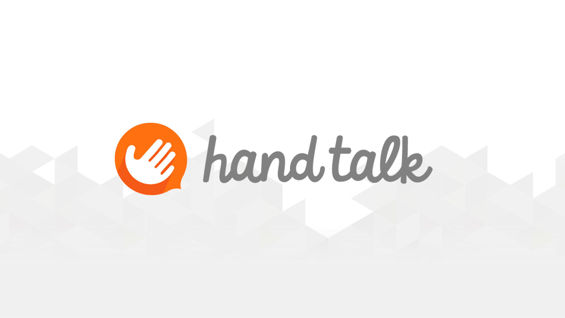 logotipo da Hand Talk composto pelo nome em cinza e escrito à mão e a ilustração de uma mão branca dentro de um balão de diálogo laranja