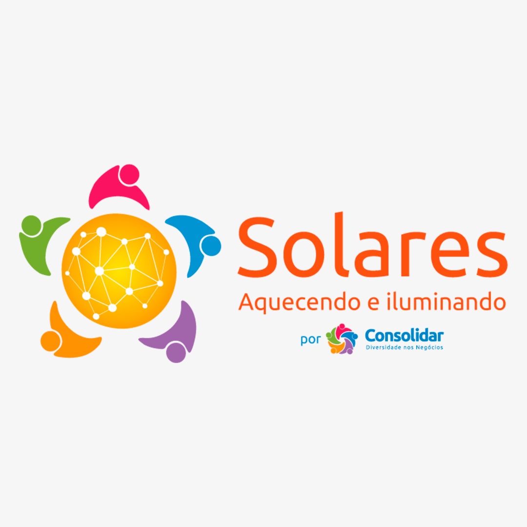 logotipo Solares formado por cinco silhuetas humanas coloridas vistas de cima. Ao centro, um círculo amarelo
