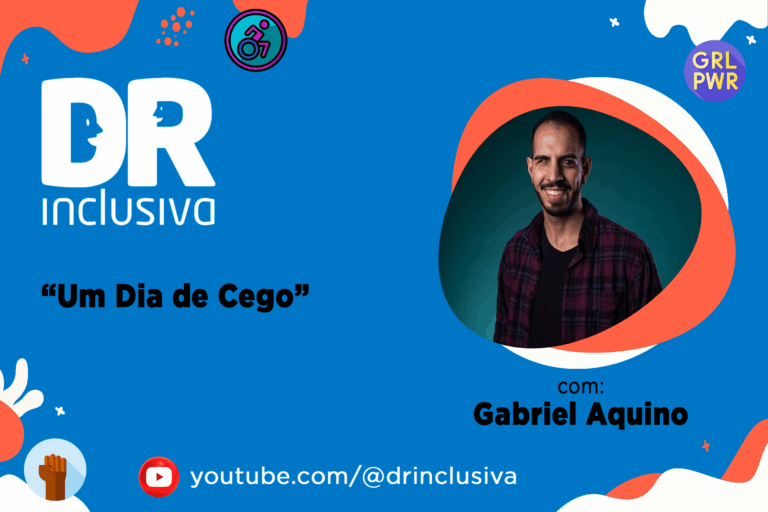 Foto de Gabriel Aquino com logotipo branco do DR Inclusiva sobre fundo azul claro