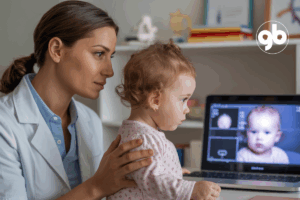 Mulher médica ampara sua mão sobre bebê de 1 ano, que olha pra tela do computador