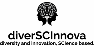 logotipo da diverscinnova em fontes pretas com uma ilustração de um cérebro numa silhueta humana com com dois rostos, um olha pra direita e outra para esquerda