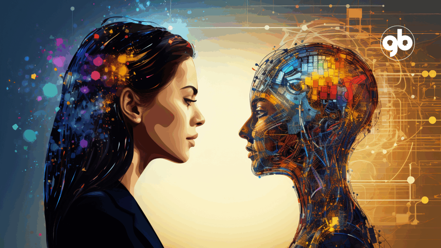 arte digital bem colorida de uma mulher de perfil de frente para um robô humanoide, também de perfil