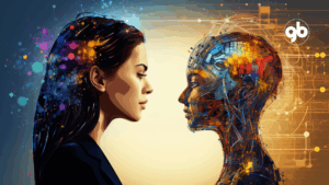 arte digital bem colorida de uma mulher de perfil de frente para um robô humanoide, também de perfil