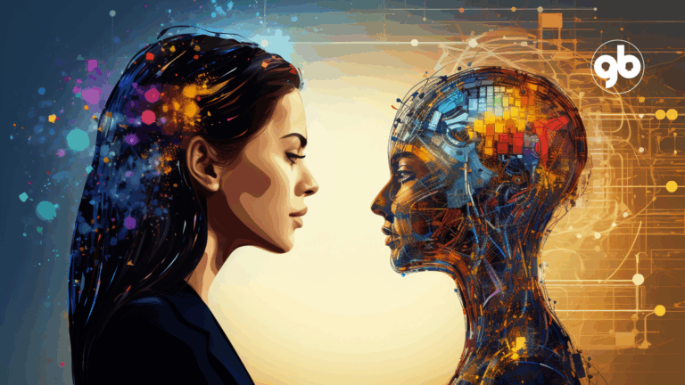 arte digital bem colorida de uma mulher de perfil de frente para um robô humanoide, também de perfil