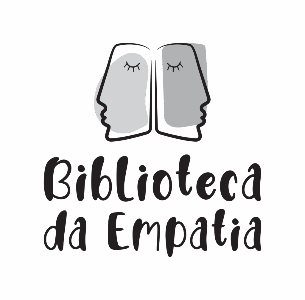 Logotipo da biblioteca da empatia formado por dois rostos retangulares estilizados de costas um pro outro como se fora um livro aberto.