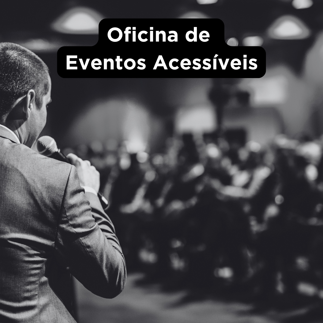 arte da oficina de eventos acessíveis. Um orador de costas fala ao público em um auditório