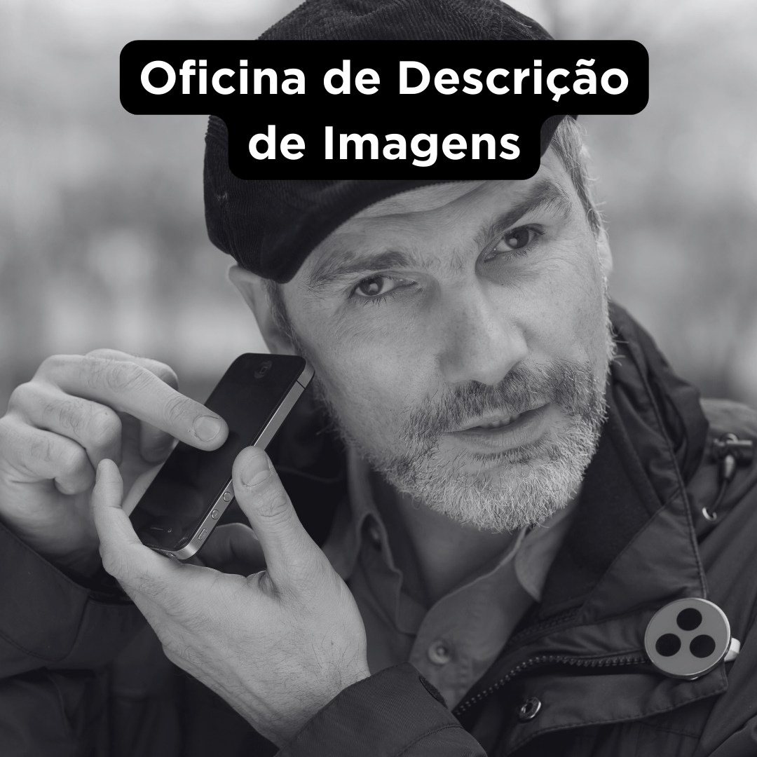arte da oficina de descrição de imagens. um homem cego segura o celular na altura do ouvido