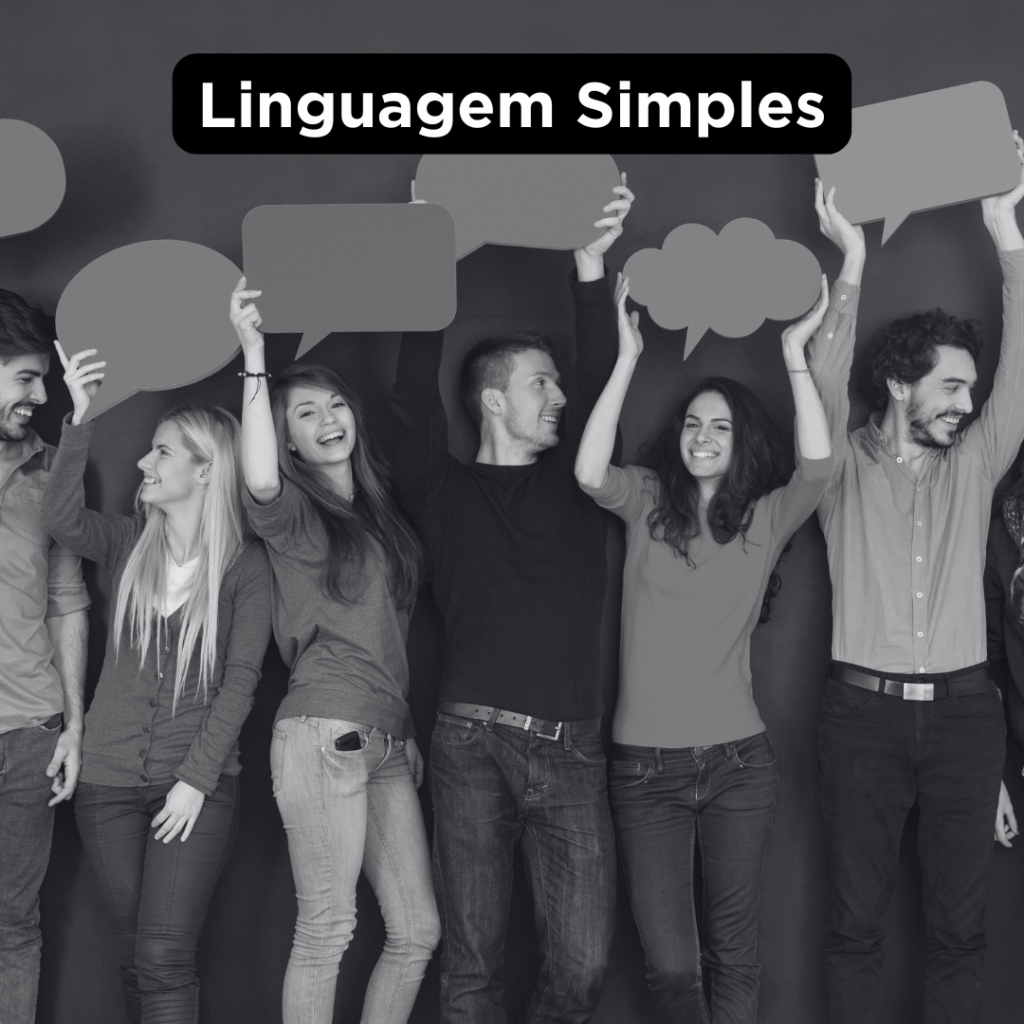 Arte sobre Linguagem Simples. Grupo de jovens segura no alto um balão de diálogo diferente